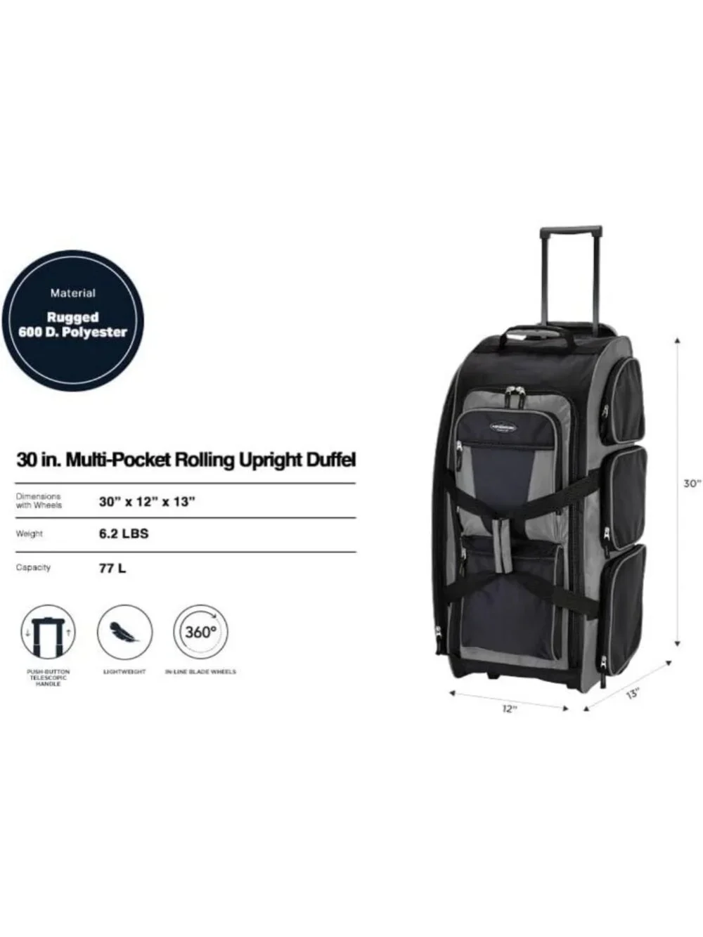 30-Inch Multi-Pocket Rolling Duffel Bag for Travel, Lightweight & Durable